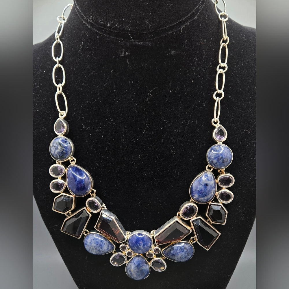 Sterling, Glass & Sodalite Necklace Set in Silver Bezel w/Sterling Chain & Clasp